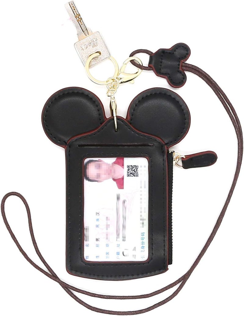 QiMing Mouse Ears Card Holder,PU Lovely Lanyard Family Toys for Girl Woman - Image 1